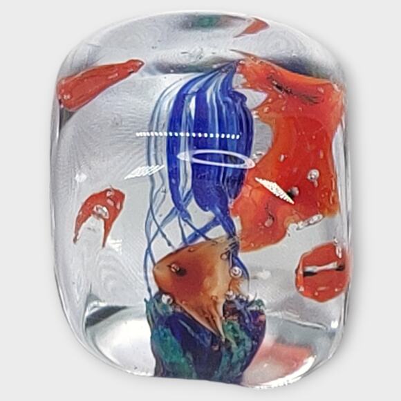 Art Glass Orange Angle Fish Paperweight Cube 2" x 2" x 2" - Picture 1 of 6